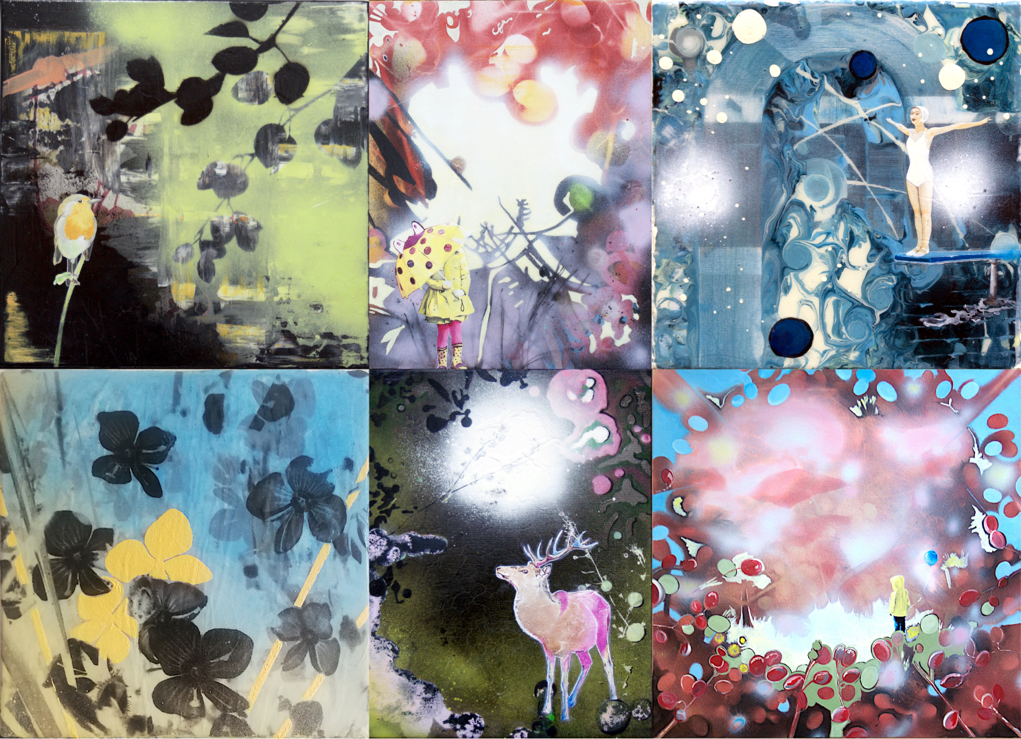 Collage of various colourful artworks by Laura Stötefeld, including abstract and figurative artworks painted with oil and acrylics.